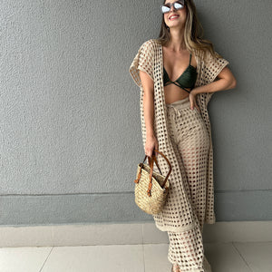 Conjunto saída de praia de tricot com calça e kimono vazados cru Lichia