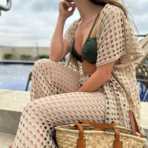 Conjunto saída de praia de tricot com calça e kimono vazados cru Lichia