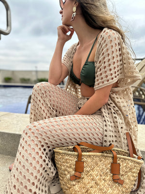 Conjunto saída de praia de tricot com calça e kimono vazados cru Lichia