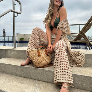 Conjunto saída de praia de tricot com calça e kimono vazados cru Lichia