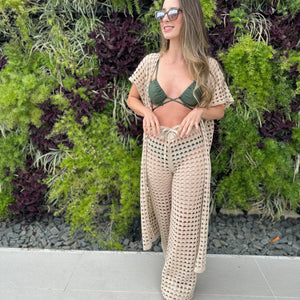 Conjunto saída de praia de tricot com calça e kimono vazados cru Lichia