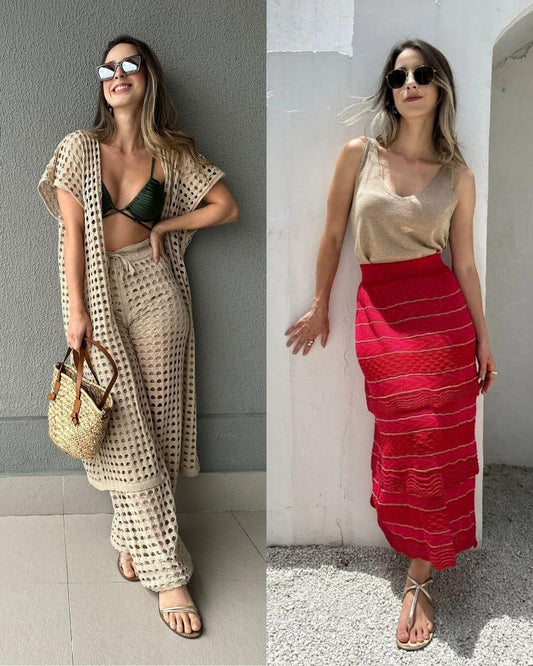 Kit Verão Dourado: Conjunto de Saída de Praia Lichia e Regata Cropped Avelã