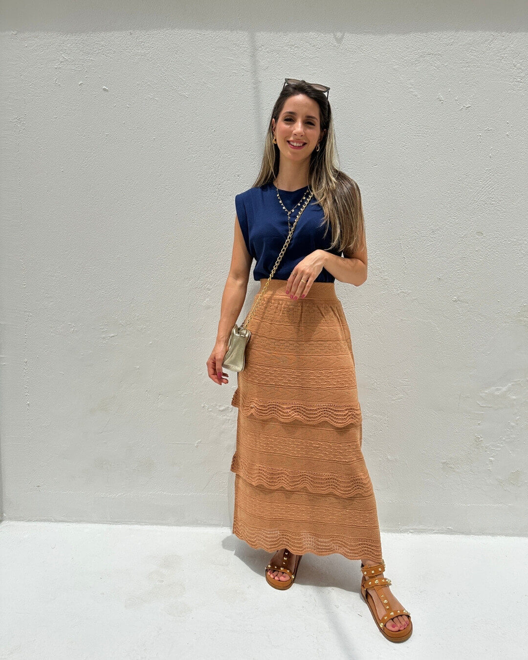 Saia Midi com Camadas Caramelo e Lurex Dourado Melancia