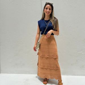 Saia Midi com Camadas Caramelo e Lurex Dourado Melancia