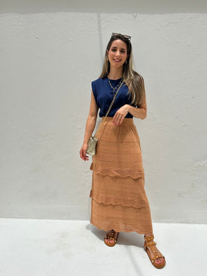 Saia Midi com Camadas Caramelo e Lurex Dourado Melancia