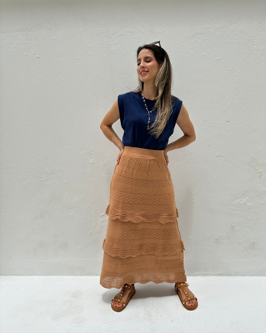 Saia Midi com Camadas Caramelo e Lurex Dourado Melancia