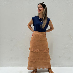 Saia Midi com Camadas Caramelo e Lurex Dourado Melancia