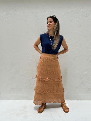 Saia Midi com Camadas Caramelo e Lurex Dourado Melancia