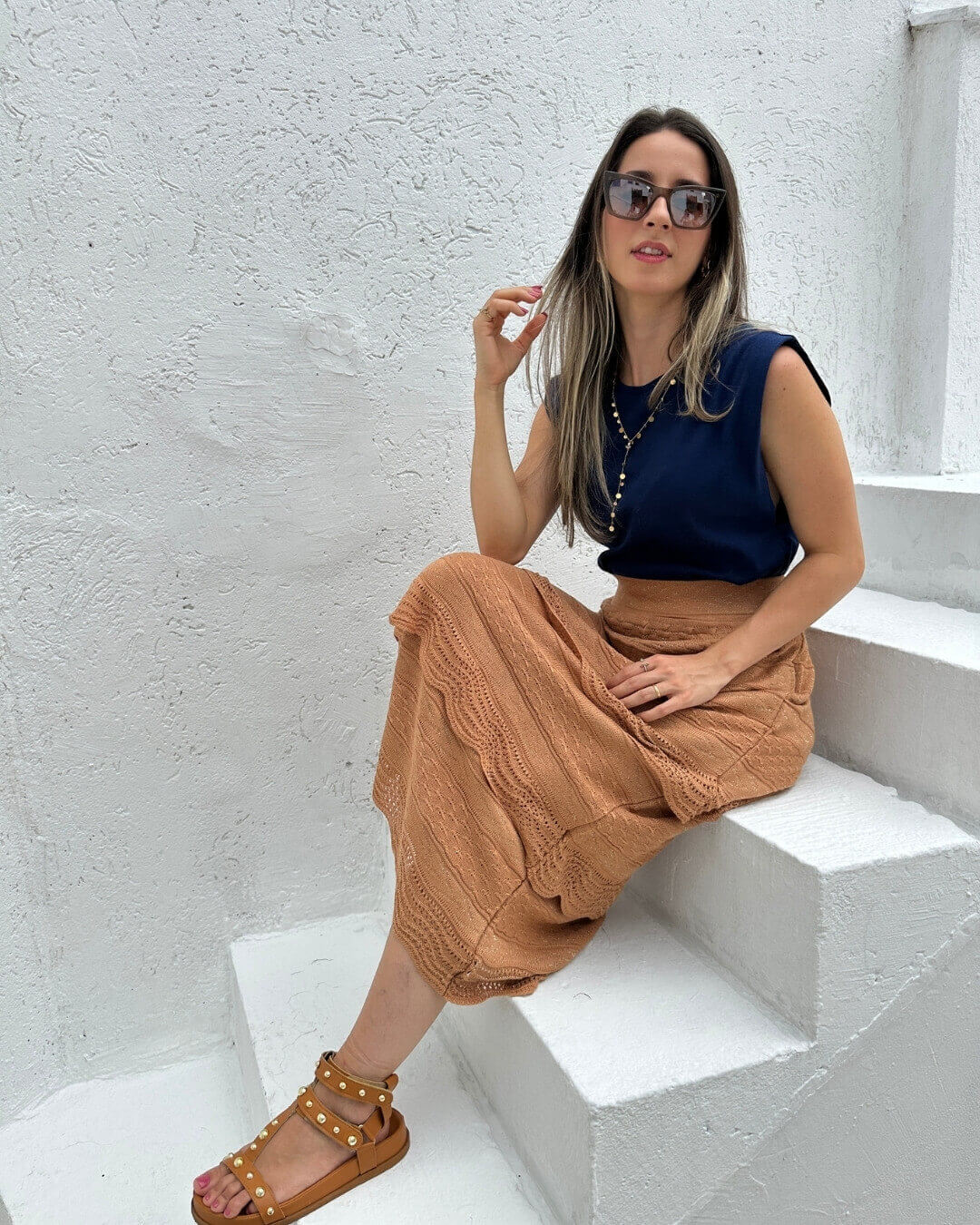 Saia Midi com Camadas Caramelo e Lurex Dourado Melancia