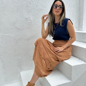 Saia Midi com Camadas Caramelo e Lurex Dourado Melancia