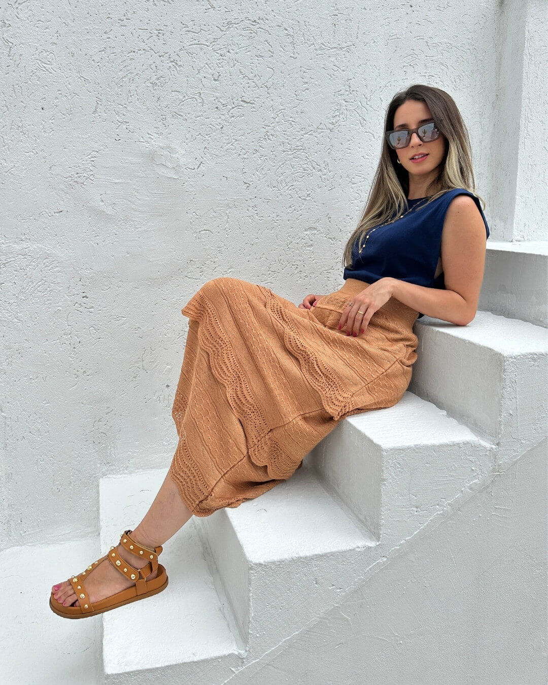 Saia Midi com Camadas Caramelo e Lurex Dourado Melancia