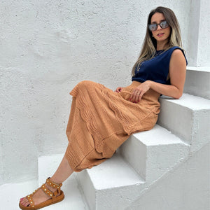 Saia Midi com Camadas Caramelo e Lurex Dourado Melancia