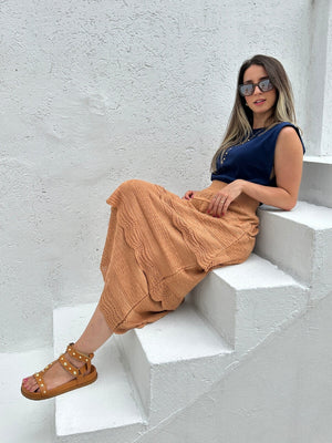 Saia Midi com Camadas Caramelo e Lurex Dourado Melancia