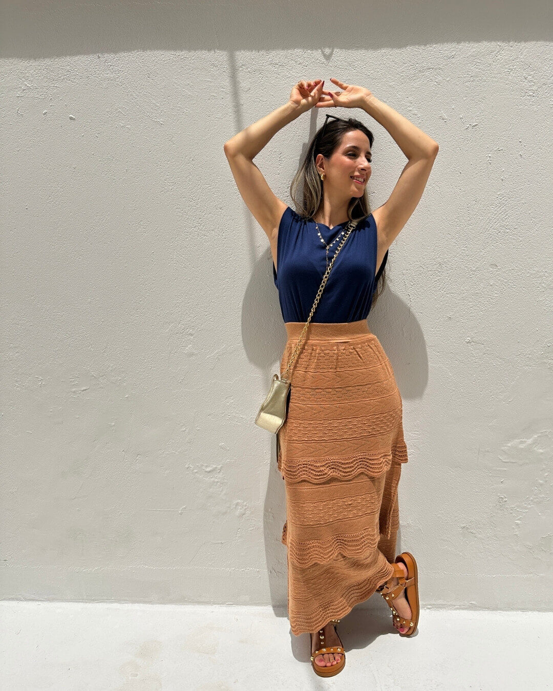 Saia Midi com Camadas Caramelo e Lurex Dourado Melancia