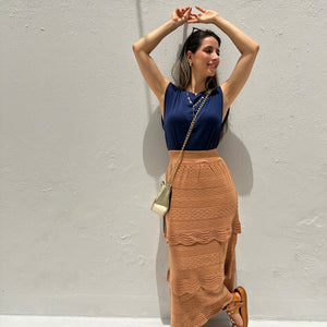 Saia Midi com Camadas Caramelo e Lurex Dourado Melancia