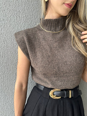 Kit Colete Tricot Marrom Avelã e Body de Tule Iris