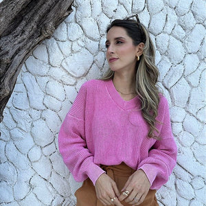 Blusa tricot oversized 100% algodão decote V estonada Rosa