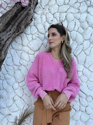 Blusa tricot oversized 100% algodão decote V estonada Rosa