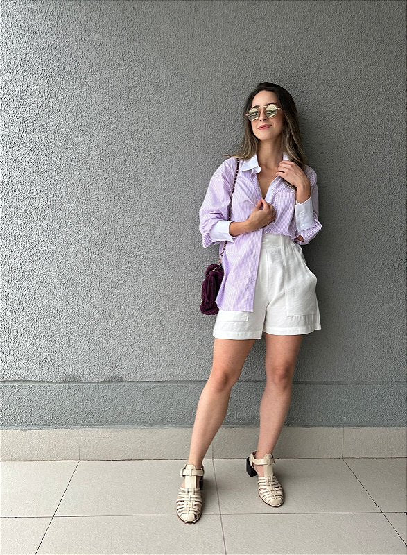 Camisa oversized listrada branco lilás Alamanda