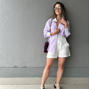 Camisa oversized listrada branco lilás Alamanda