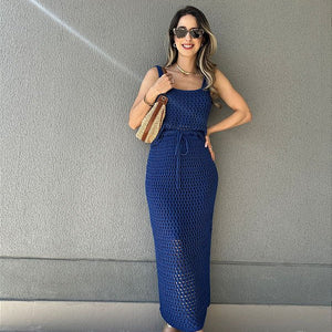 Conjunto de tricot com saia midi e regata azul Pitanga