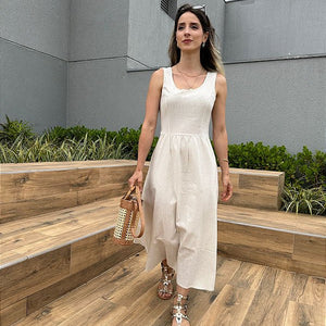 Vestido curto viscolinho saia ampla com bolsos cru Graviola