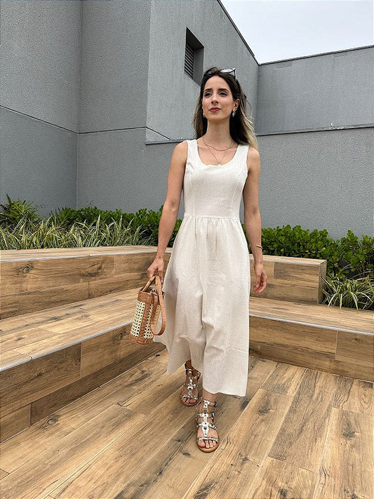 Vestido curto viscolinho saia ampla com bolsos cru Graviola