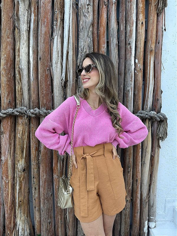 Blusa tricot oversized 100% algodão decote V estonada Rosa