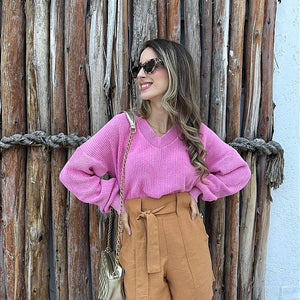 Blusa tricot oversized 100% algodão decote V estonada Rosa