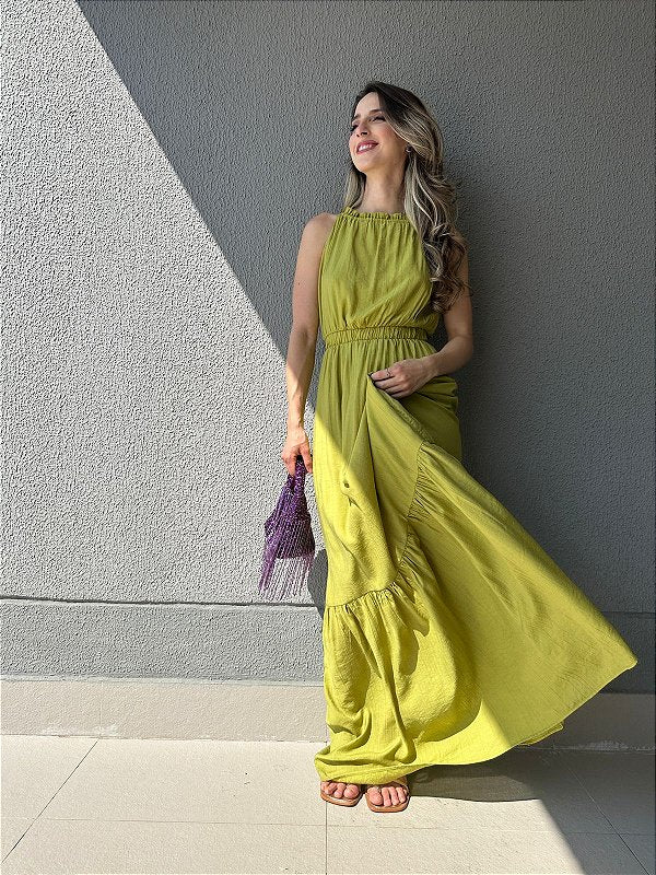 Vestido longo fluido com elastico na cintura verde Melão