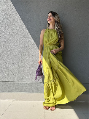 Vestido longo fluido com elastico na cintura verde Melão