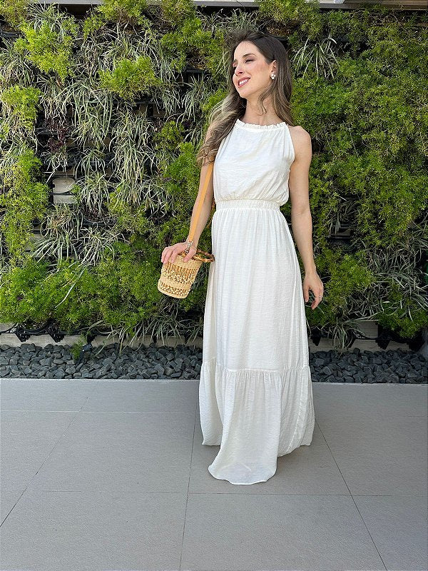 Vestido longo fluido com elastico na cintura off-white Melão