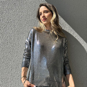 Blusa tricot preta metalizada com foil prata Hortênsia