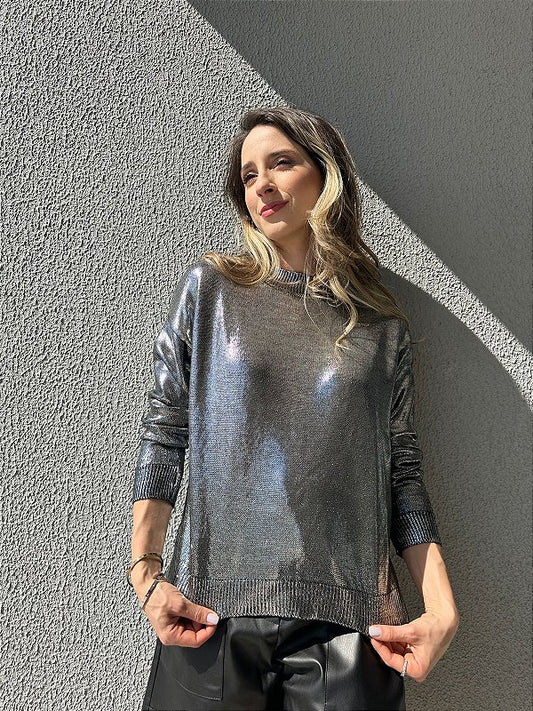 Blusa tricot preta metalizada com foil prata Hortênsia