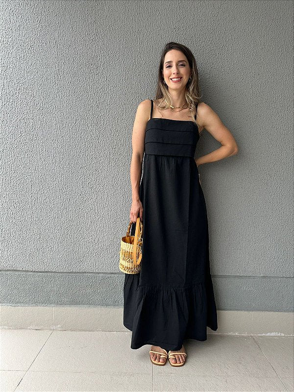 Vestido longo viscolinho de alça decote com camadas preto Jabuticaba