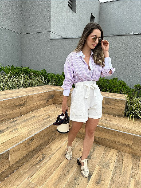 Camisa oversized listrada branco lilás Alamanda