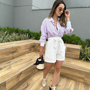 Camisa oversized listrada branco lilás Alamanda