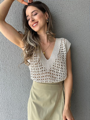 Colete tricot fechado cru com lurex prata e dourado Limão