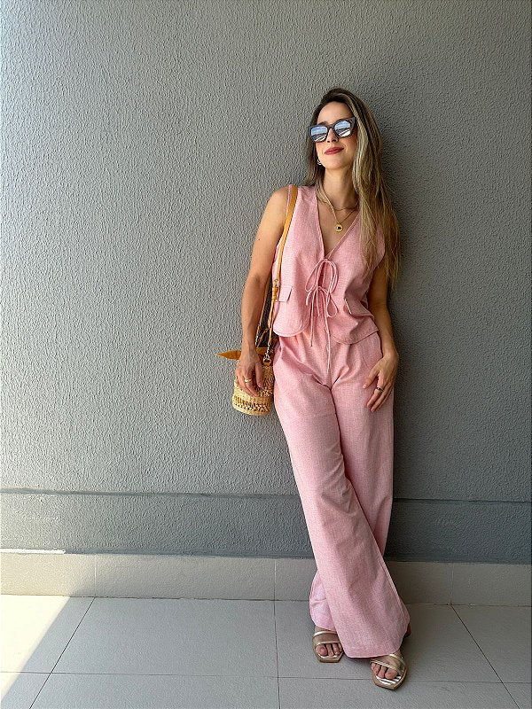 Calça reta com elástico na cintura rosa Morango