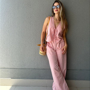 Calça reta com elástico na cintura rosa Morango