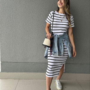 Vestido de tricot midi branco com listras pretas Dália