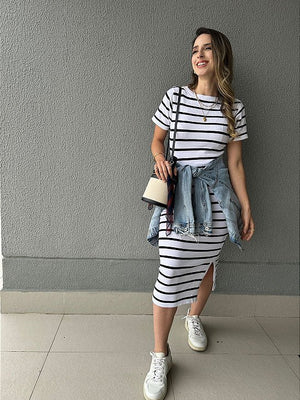 Vestido de tricot midi branco com listras pretas Dália