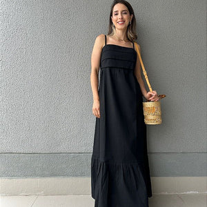 Vestido longo viscolinho de alça decote com camadas preto Jabuticaba