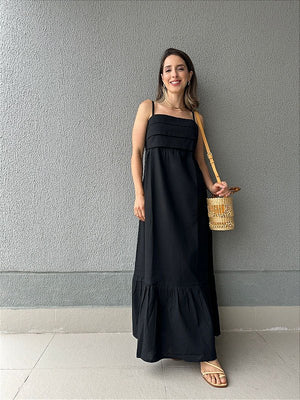 Vestido longo viscolinho de alça decote com camadas preto Jabuticaba