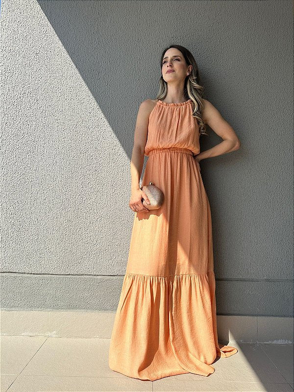 Vestido longo fluido com elastico na cintura coral Melão