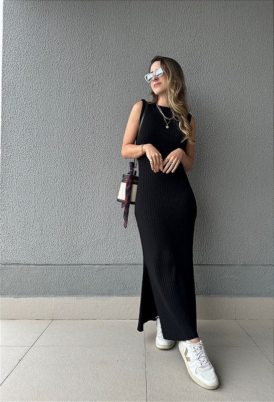 Vestido de tricot canelado com fenda preto Mangostim