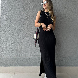Vestido de tricot canelado com fenda preto Mangostim