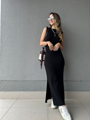 Vestido de tricot canelado com fenda preto Mangostim
