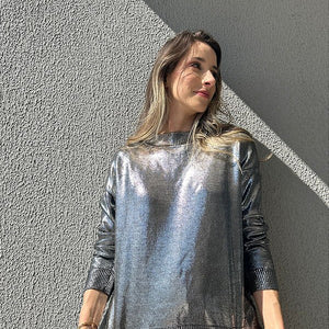 Blusa tricot preta metalizada com foil prata Hortênsia