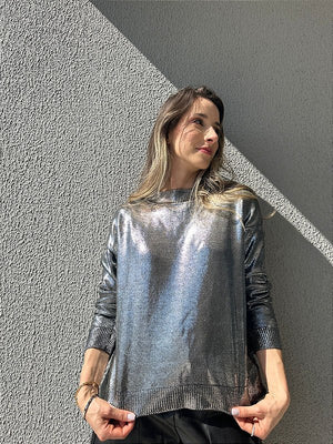 Blusa tricot preta metalizada com foil prata Hortênsia